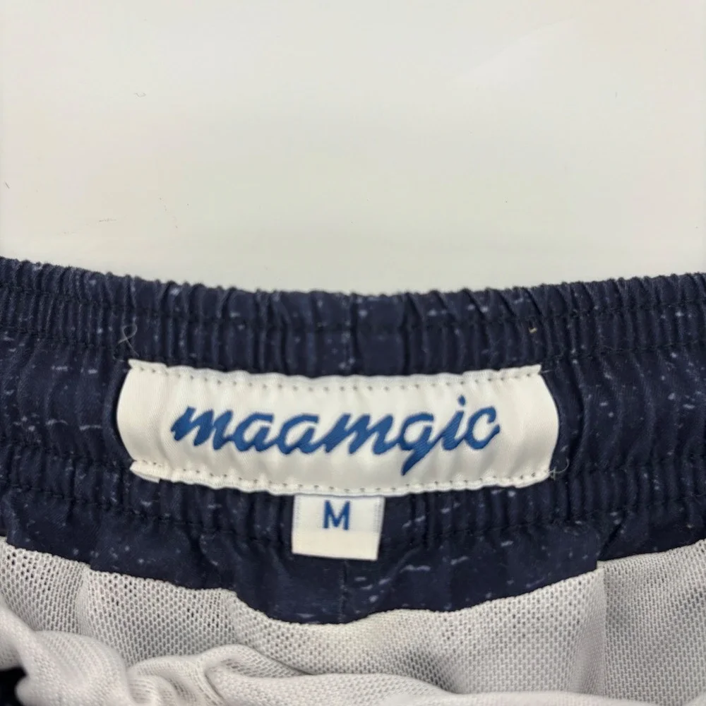 Maamgic Swim‎ Trunks Mens Medium Navy Blue Excellent Palm Tree Print 7in Inseam